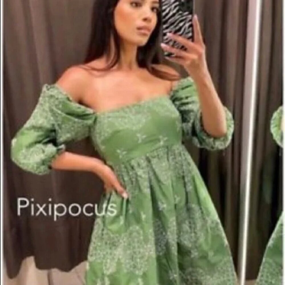 Zara Women's Blogger's Favorite Green Embroidered Puff Sleeve Dress- Size XS - Picture 9 of 16